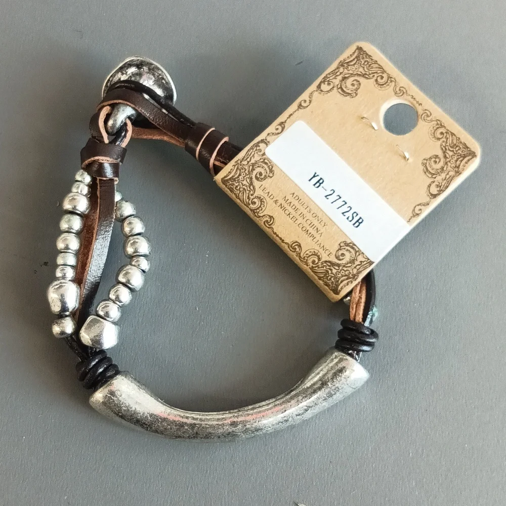 2/$15 + $4.99 Shipping Silver Toned Beaded & Brown Faux Leather Bracelet